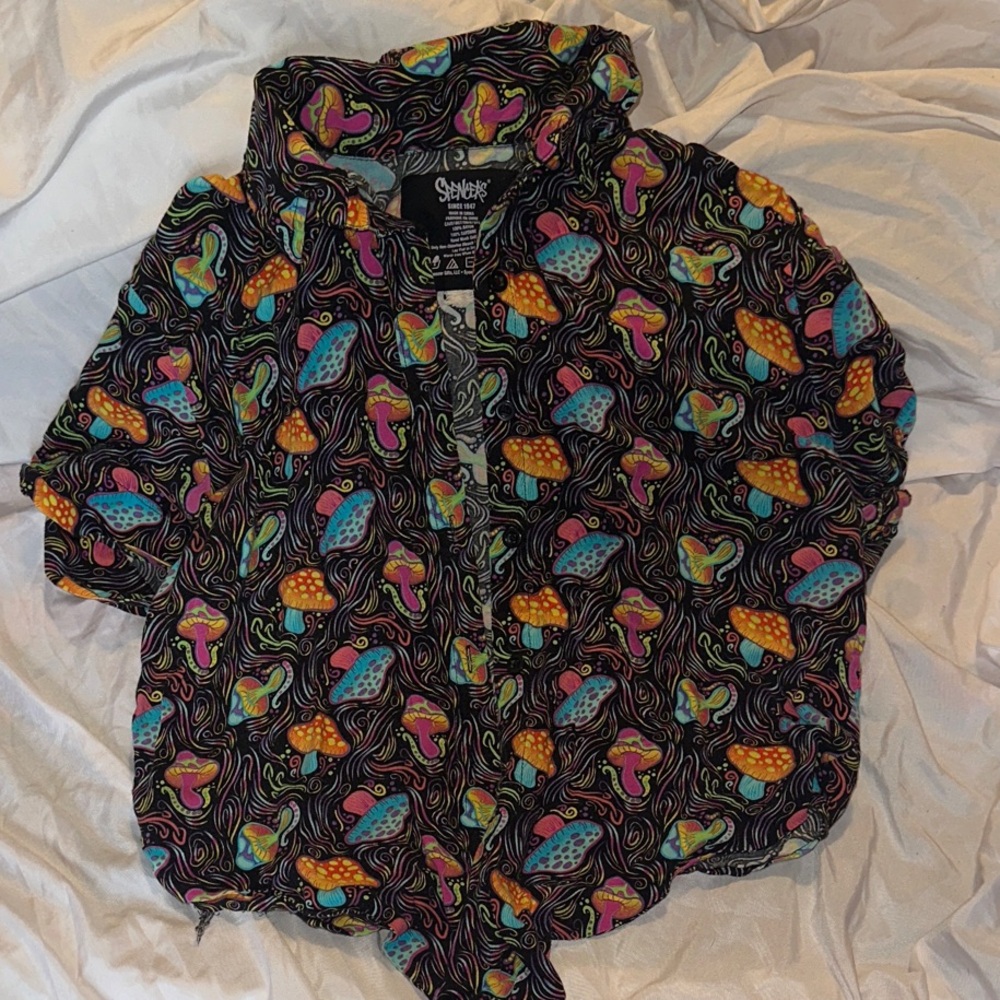 Spencer's Colorful Mushroom crop button up with tie